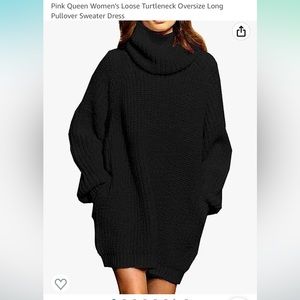 Turtleneck Oversized Long Sweater Dress with Pockets Black Size Small